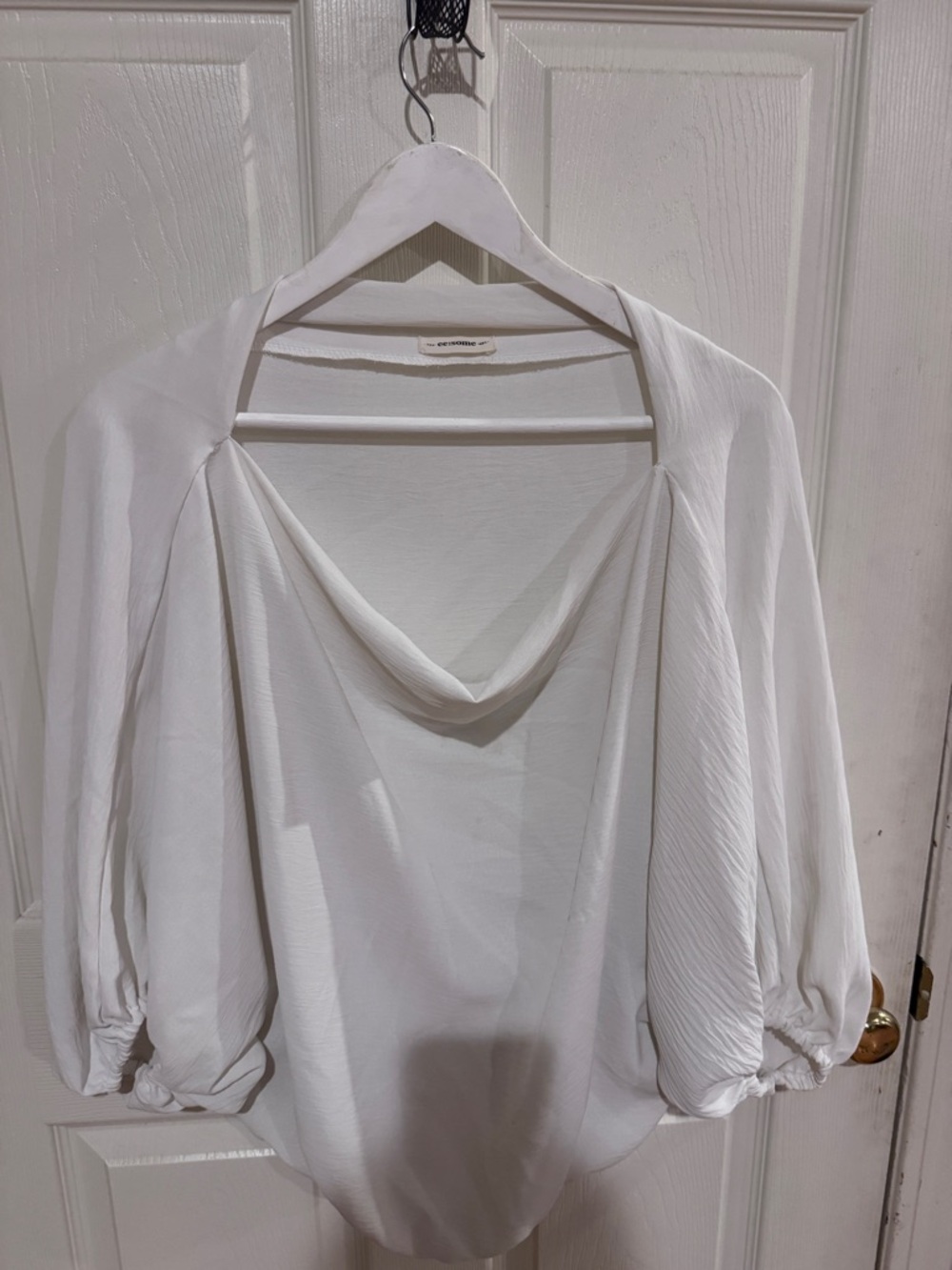 eesome White Draped Cowl Neck Blouson Sleeve Top - Lightweight
